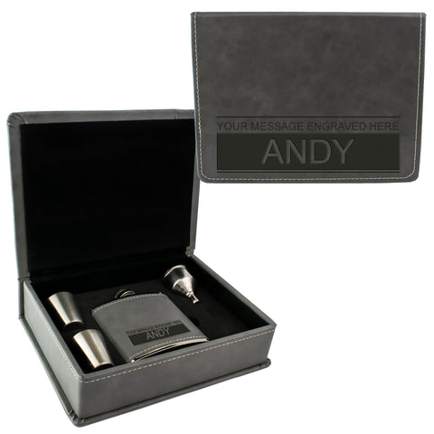 Grey Leather Hip Flask Gift Set - Boxed Name
