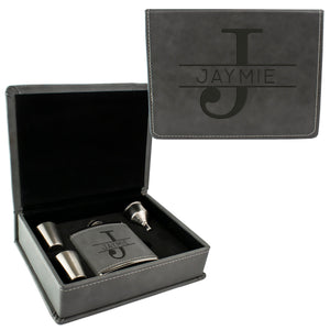 Grey Leather Hip Flask Gift Set - Monogram Design