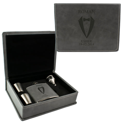 Grey Leather Hip Flask Gift Set - Wedding Suit Design