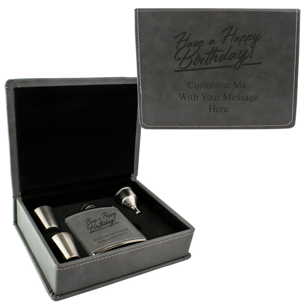 Grey Leather Hip Flask Gift Set - Happy Birthday Style 2