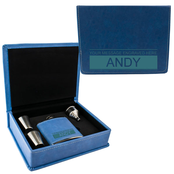 Blue Leather Hip Flask Gift Set - Boxed Name