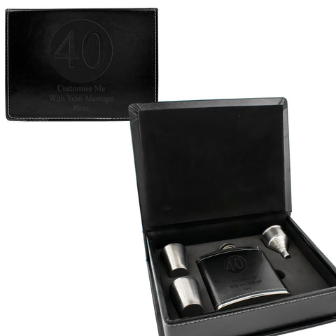 Black Leather Hip Flask Gift Set - Happy Birthday Style 1