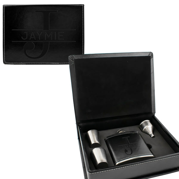 Black Leather Hip Flask Gift Set - Monogram Design