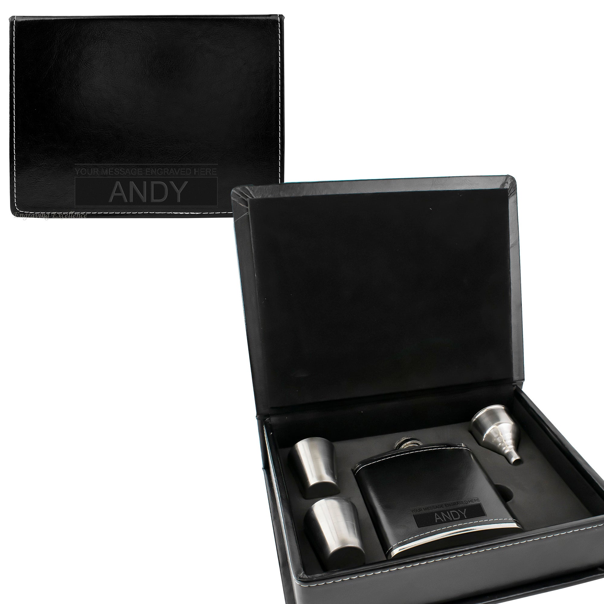 Black Leather Hip Flask Gift Set - Boxed Name