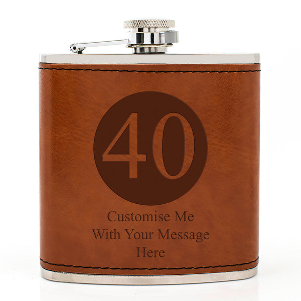 Tan Brown Leather Hip Flask Gift Set - Happy Birthday Style 1