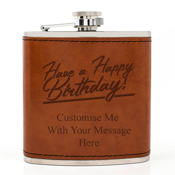 Tan Brown Leather Hip Flask Gift Set - Happy Birthday Style 2