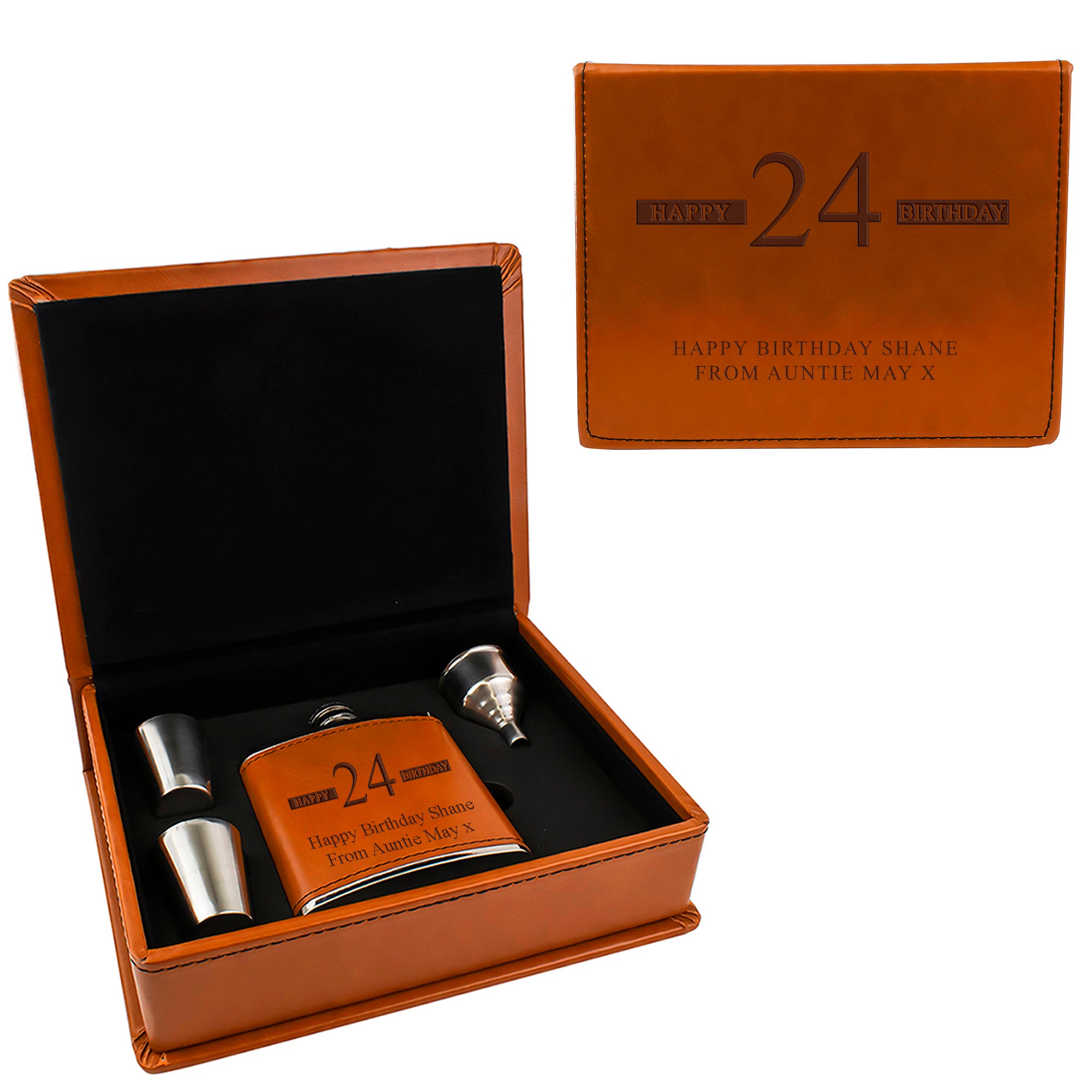 Tan Brown Leather Hip Flask Gift Set - Happy Birthday Style 3