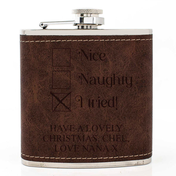 Brown Leather Hip Flask Gift Set - Christmas Design