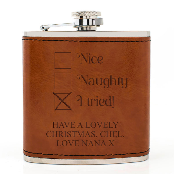 Tan Brown Leather Hip Flask Gift Set - Christmas Design
