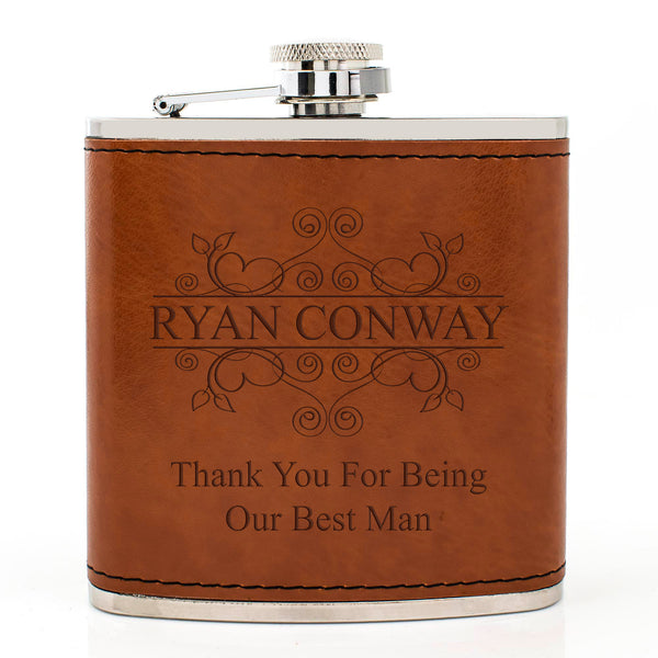 Tan Brown Leather Hip Flask Gift Set - Wedding Flourishes Design