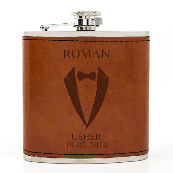 Tan Brown Leather Hip Flask Gift Set - Wedding Suit Design