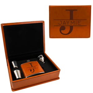 Tan Brown Leather Hip Flask Gift Set - Monogram Design