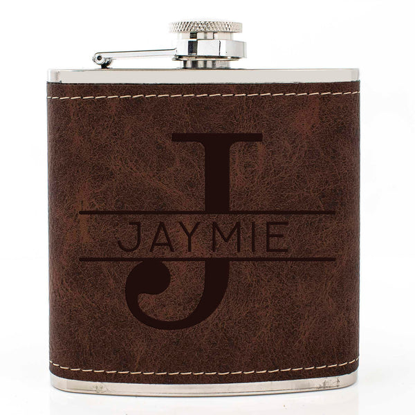 Brown Leather Hip Flask Gift Set - Monogram Design