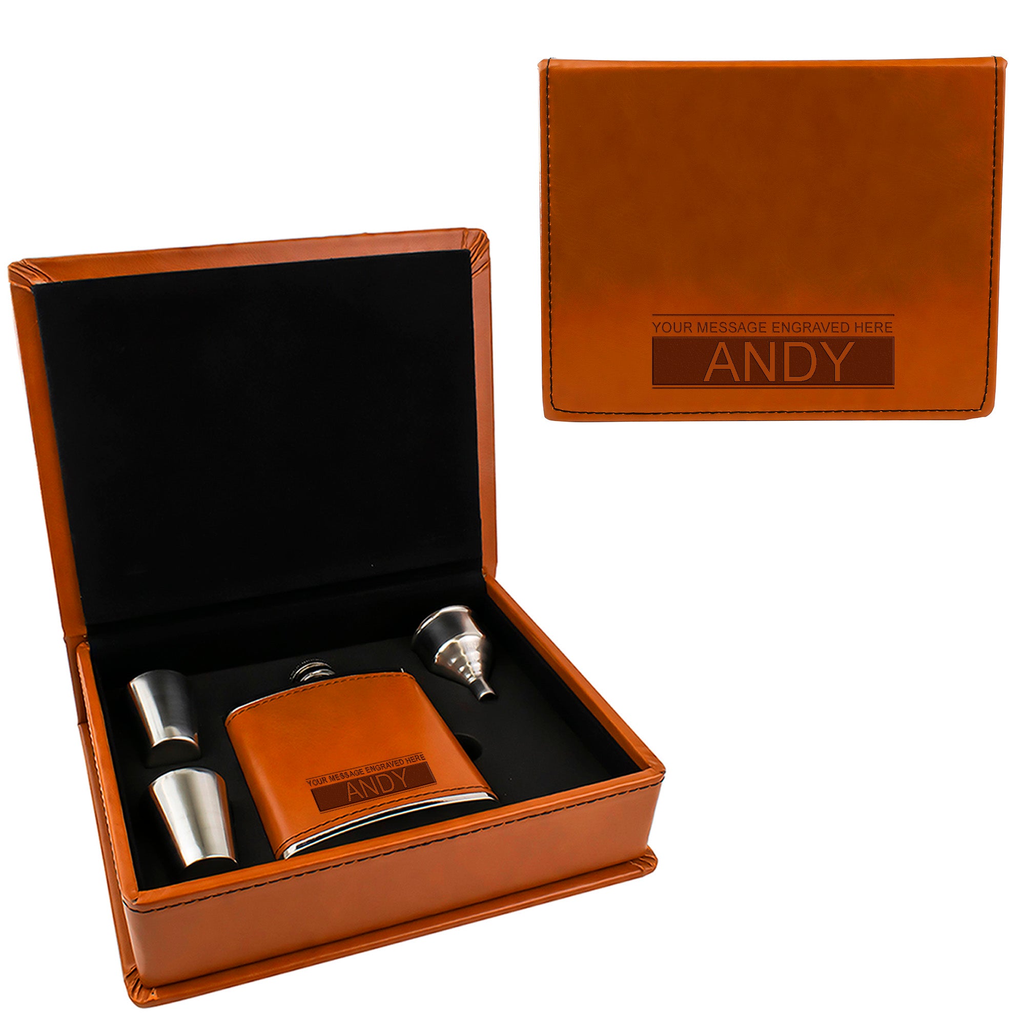 Tan Brown Leather Hip Flask Gift Set - Boxed Name