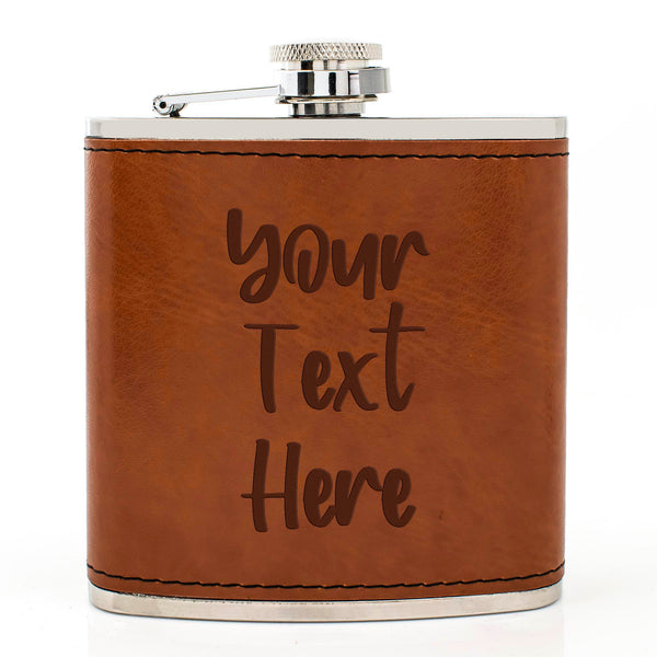 Tan Brown Leather Hip Flask Gift Set - Your Text Here